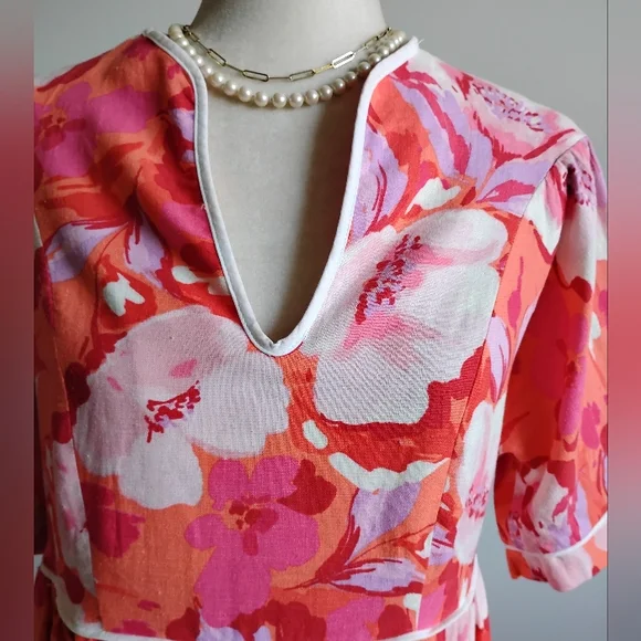 Vince Camuto Linen Blend Tropical Print Pink Orange Floral Easy Dress Size 4 - Picture 4 of 16